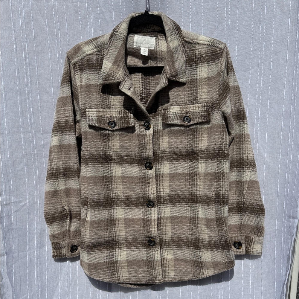 Caslon Plaid Utility Shacket in Brown and Cream